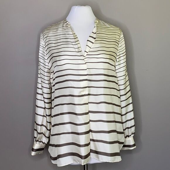 THEORY Popover Ivory/Olive Green Painted Stripe Silk Tunic Blouse Size Small - Picture 4 of 11